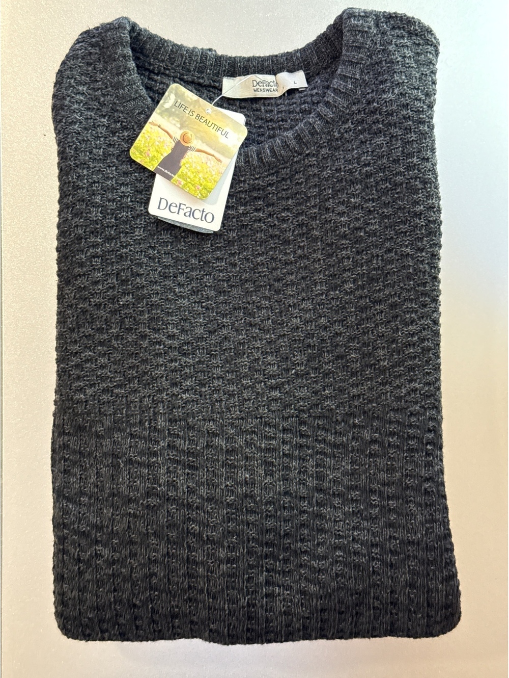DeFacto Men's Dark Gray Textured Knit Sweater, Size L, New with Tag